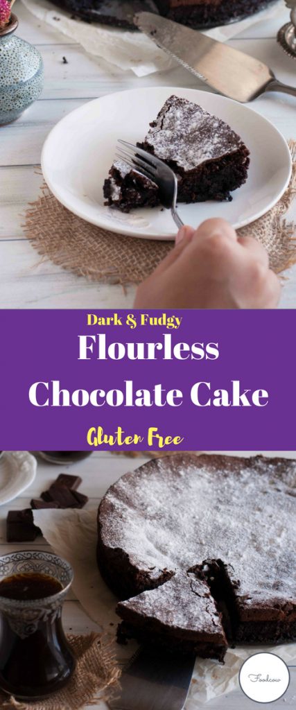 Decadent Gluten Free Flourless Chocolate Cake made with 5 easily available ingredients.This is a Super Fudgy and Dark cake.