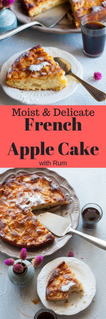Delicate and Moist French Apple Cake with Rum.Super easy apple cake recipe with step by step instructions.