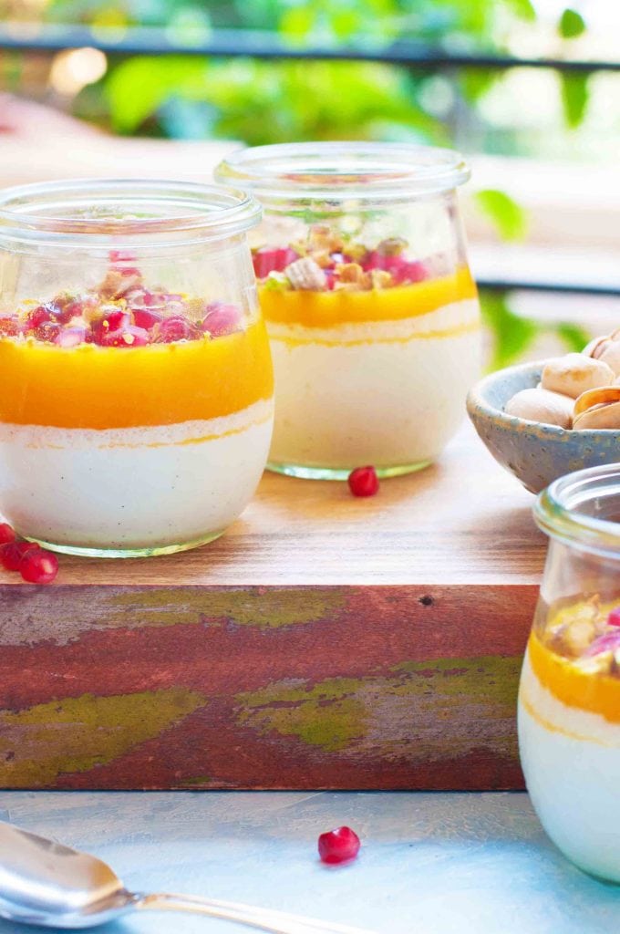 Easy to make Super Creamy Panna Cotta layered with Mango Jelly,sliced Pistachios and Pomegranate