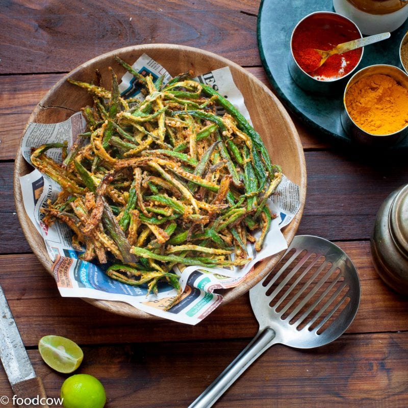 Kurkure Bhindi Fry - Indian Crispy Fried Ladies Finger with besan and spices.Vegan dish with no onion or garlic