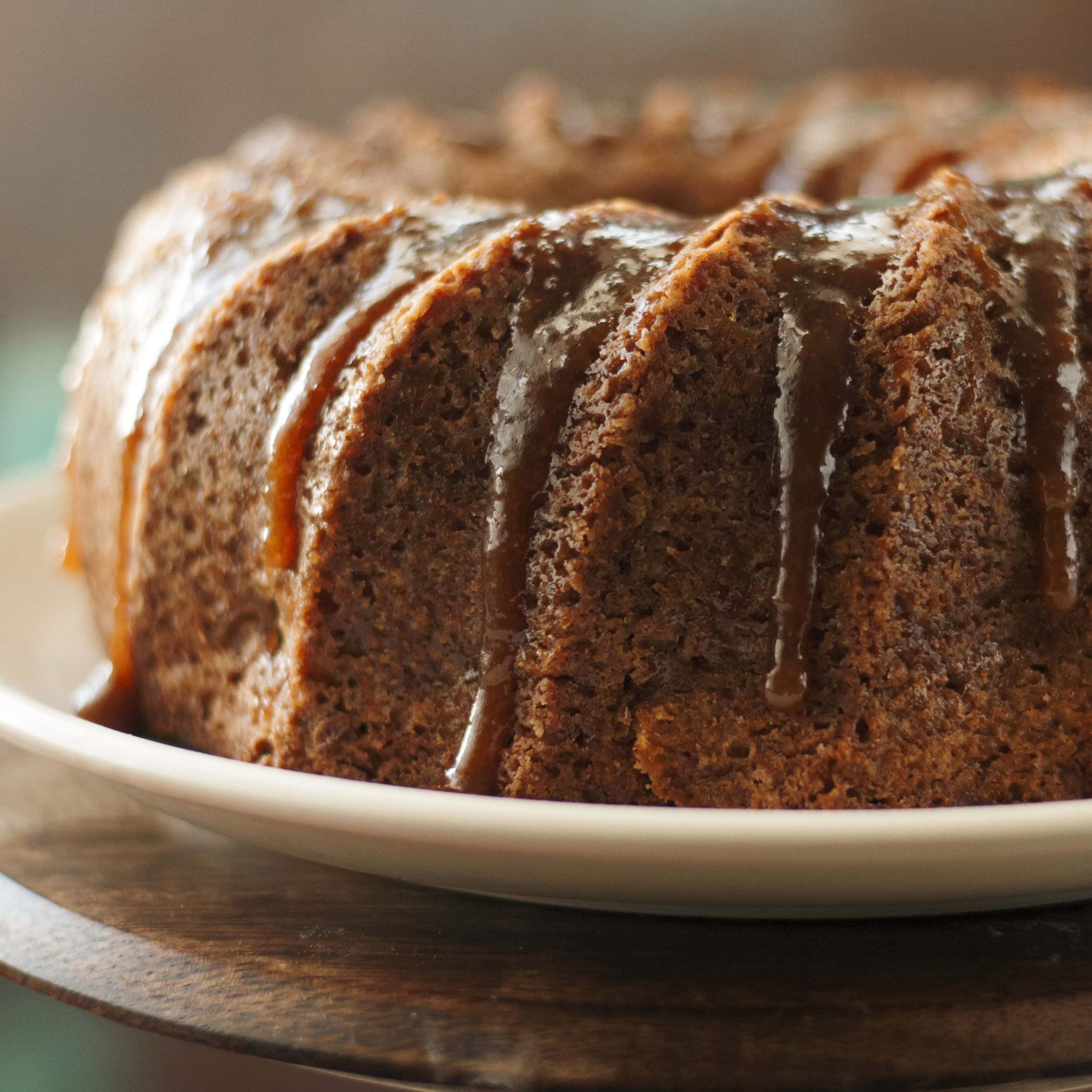 warm apple cinnamon cake with caramel glaze