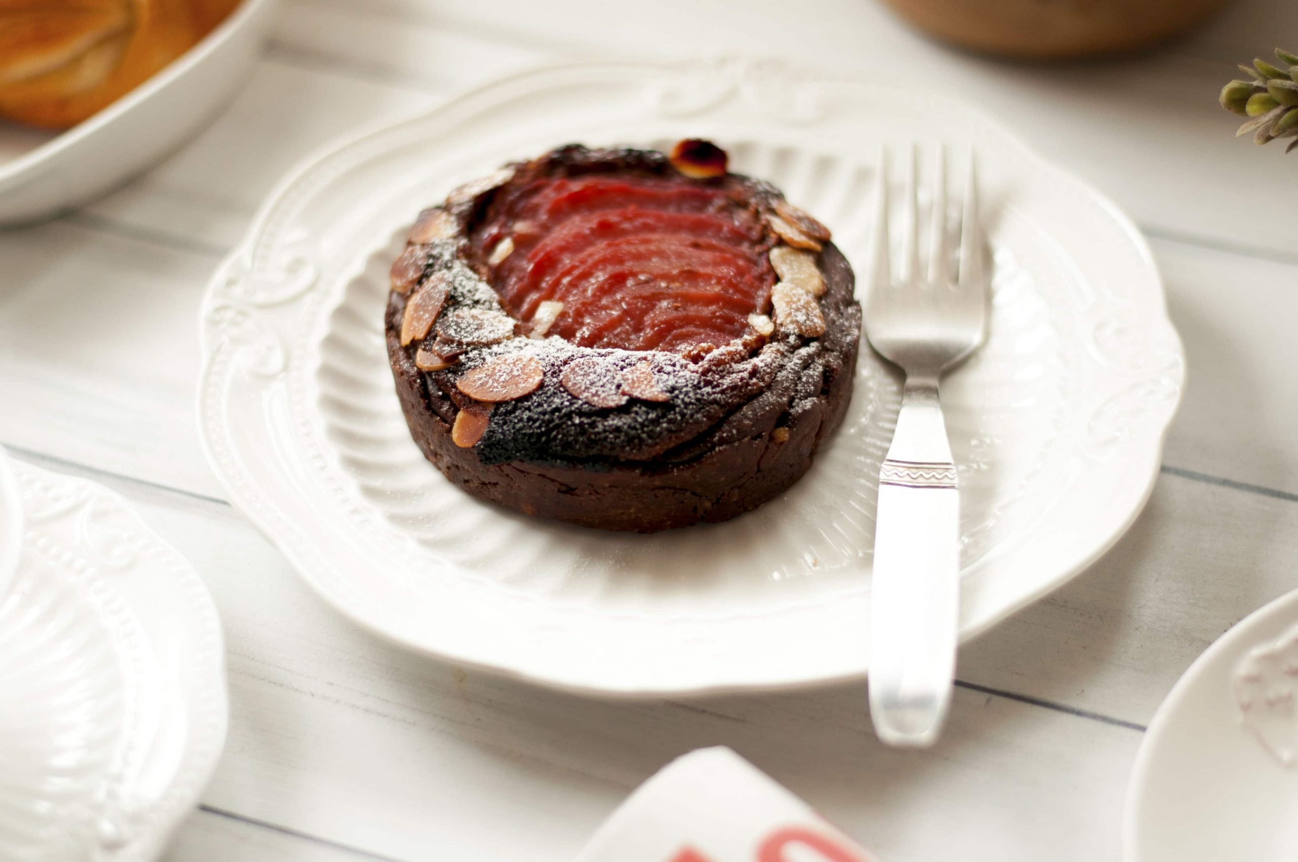 Chocolate Frangipane tart with Raspberry Pear