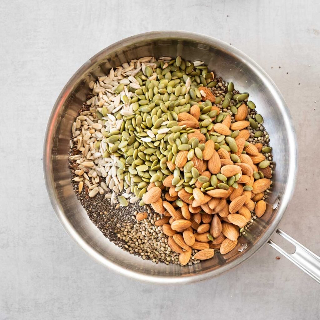 Toasted nuts and seeds to make homemade vegan natural protein powder