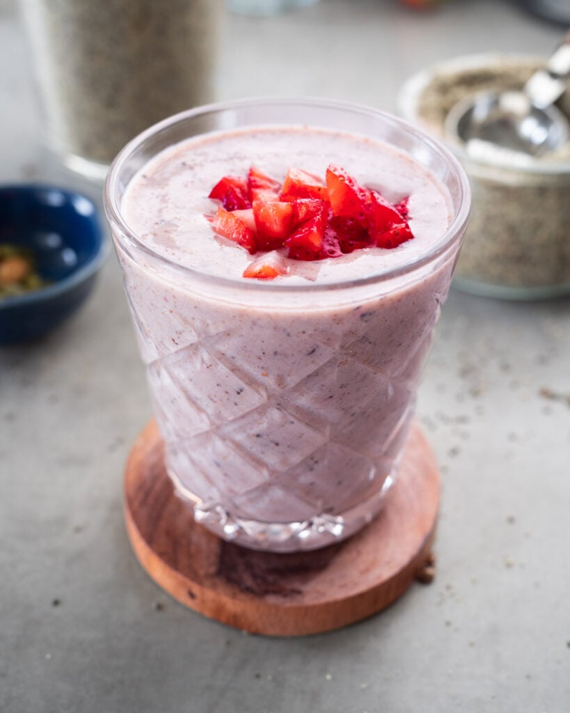 Strawberry, banana smoothie made with the vegan protein powder