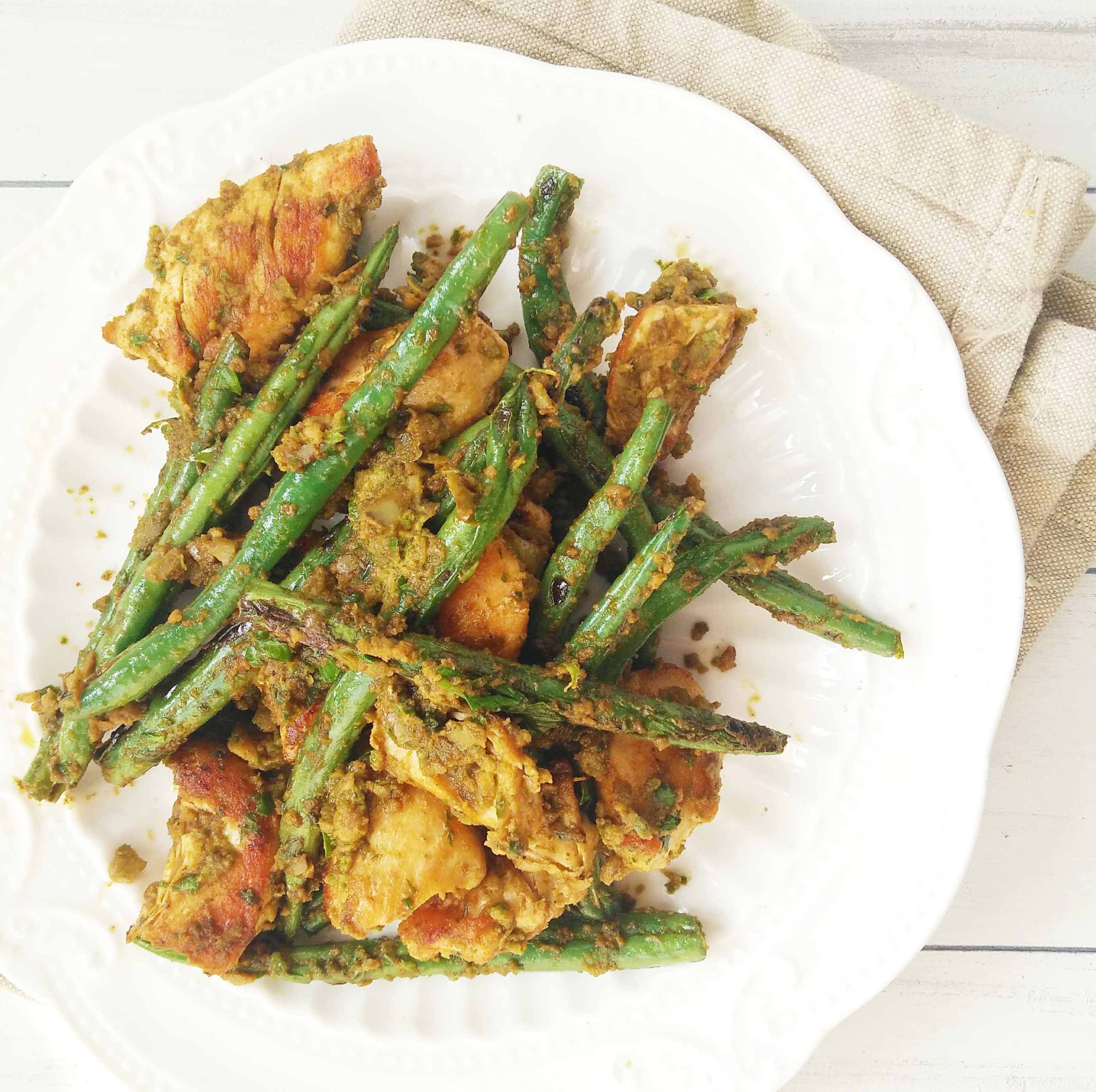 chicken and beans in green olive tapenade