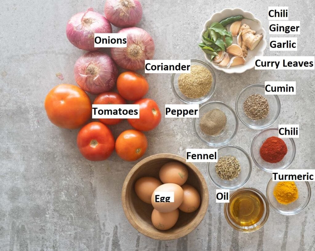 Ingredients for Egg Roast Masala
Eggs
Onions
Tomatoes
Ginger
Garlic
Oil
Curry Leaves
Green Chili
Spices