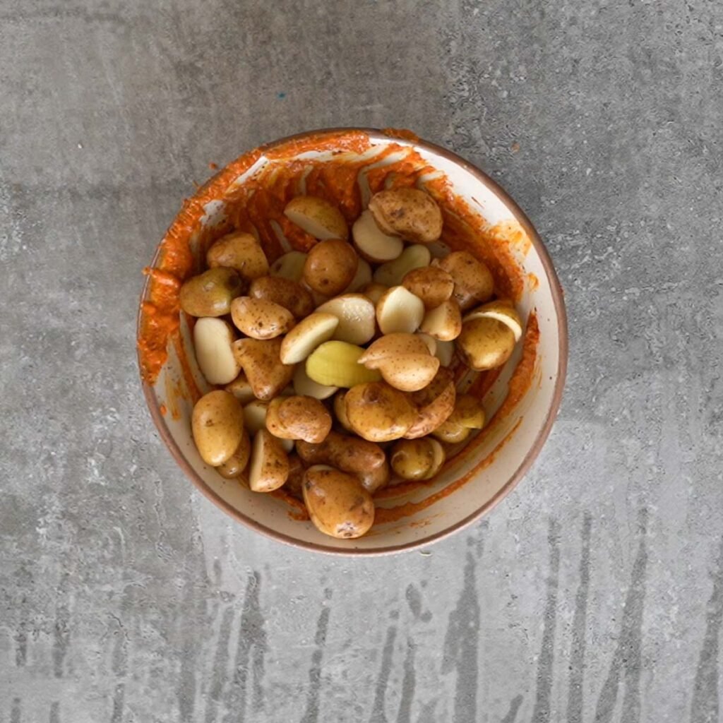 Baby potatoes in the leftover marinade