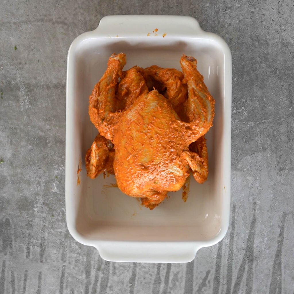 Marinated chicken in a white baking dish.