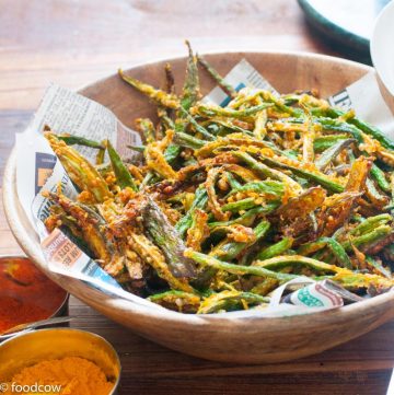 Kurkure Bhindi Fry - Indian Crispy Fried Ladies Finger with besan and spices.Vegan dish with no onion or garlic