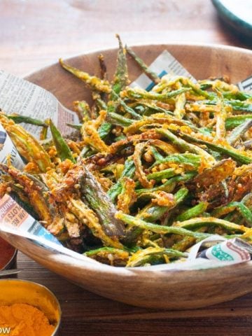 Kurkure Bhindi Fry - Indian Crispy Fried Ladies Finger with besan and spices.Vegan dish with no onion or garlic