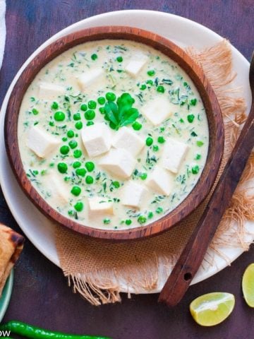 Methi Malai Matar Paneer - Indian Cottage cheese in a creamy fenugreek and peas white gravy made with cashews and cream