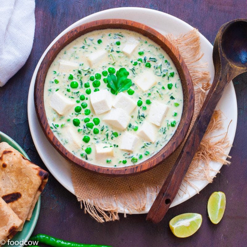 Methi Malai Matar Paneer - Indian Cottage cheese in a creamy fenugreek and peas white gravy made with cashews and cream