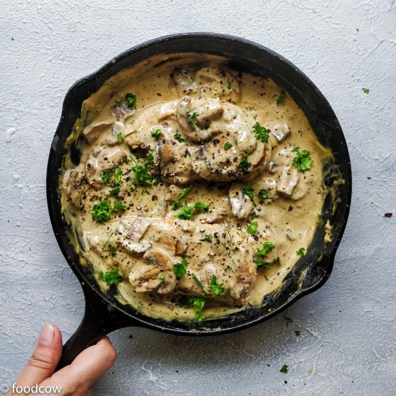 Chicken in Garlic Mushroom Cream Sauce Recipe - Chicken breast in creamy sauce made with cream,mushrooms and garlic with NonDairy option.