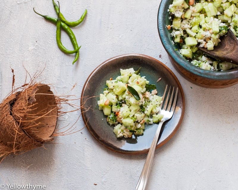 Indian Cucumber and Coconut Salad - Healthy Khamang Kakdi Salad recipe with diced cucumber tossed in fresh coconut,curry leaves and roasted peanuts