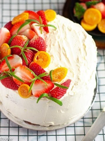 Classic ButterCream Cake - The Real Deal - Eggless Vanilla Cake with a vanilla buttercream frosting. #cake #buttercream #vanilla #strawberry #rosemary #vanillacake