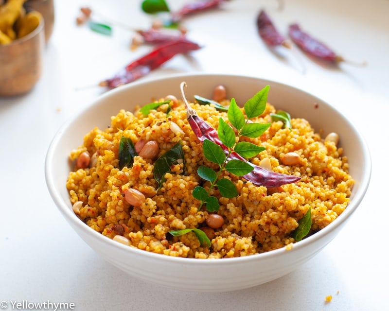 Tamarind Rice with Foxtail Millet - A delicious and easy to make ,healthier Puliyodhrai recipe using millets instead of rice. #millets #foxtailmillet #healthy #healthyeating #southindian #puliohare #tamarind #tamarindrice #milletrecipe #indianrecipe #milletrecipe