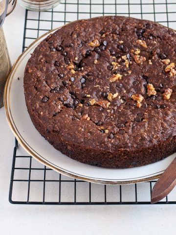 Healthy Ragi Banana Cake with Chocolate Chips and Walnuts - Eggless and Gluten Free Cake made with un refined Sugar ,Oats and Finger Millet.