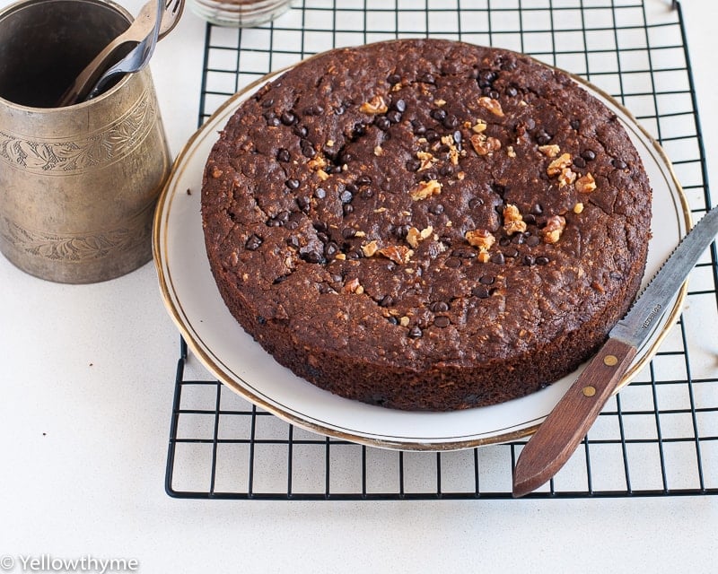 Healthy Ragi Banana Cake with Chocolate Chips and Walnuts - Eggless and Gluten Free Cake made with un refined Sugar ,Oats and Finger Millet.