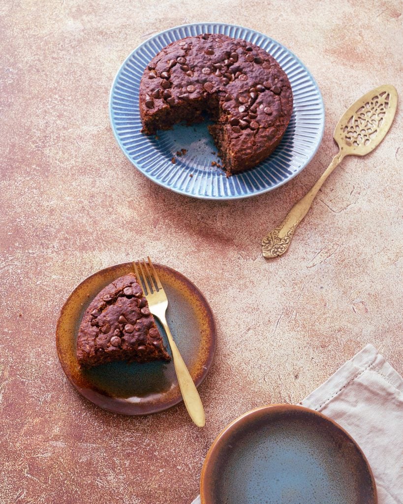 Chocolate Ragi cake on a blue plate