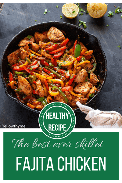 Healthy Fajita Chicken with Bell Peppers - Whole 30 and Paleo approved Chicken cooked in homemade Fajita Seasoning with red,yellow and Green Bell peppers. #paleo #whole30 #paleochicken #healthychicken #chickenrecipe #skilletrecipe