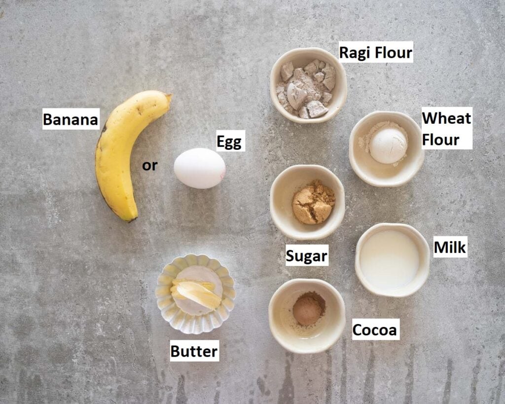 Ingredients needed to make Ragi Pancake
Ragi Flour
Wheat Flour/ Quick Oats
Cocoa
Raw Sugar/Jaggery/Coconut Sugar
Egg or Very Ripe Banana
Milk- Dairy or Non Dairy
Butter or Oil