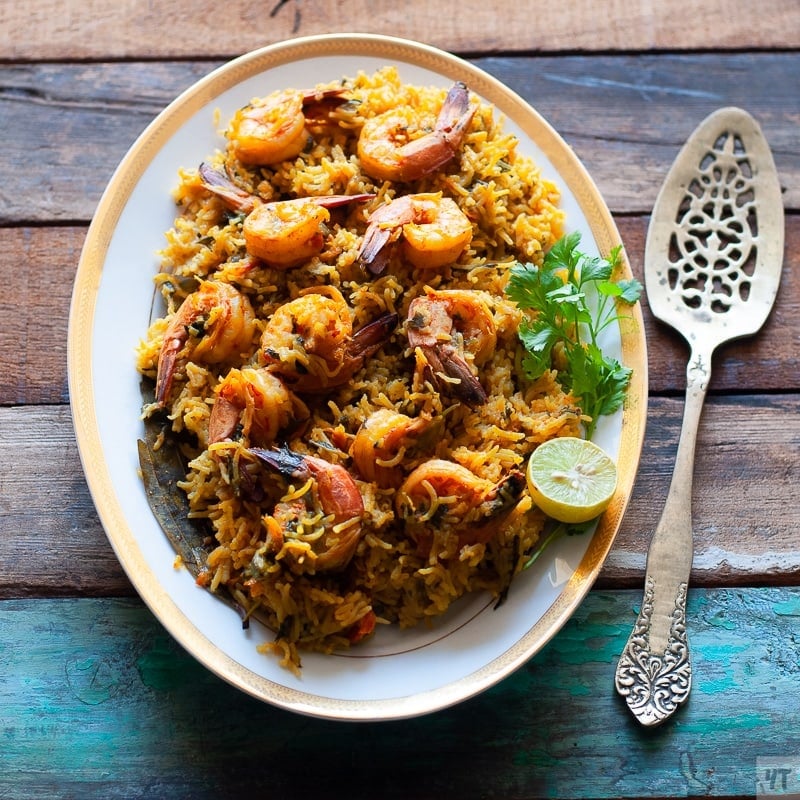 Easy Prawn Pulav Recipe made with Indian whole spices, Coconut Milk and coriander and mint leaves with both Instant Pot and Stove Top methods