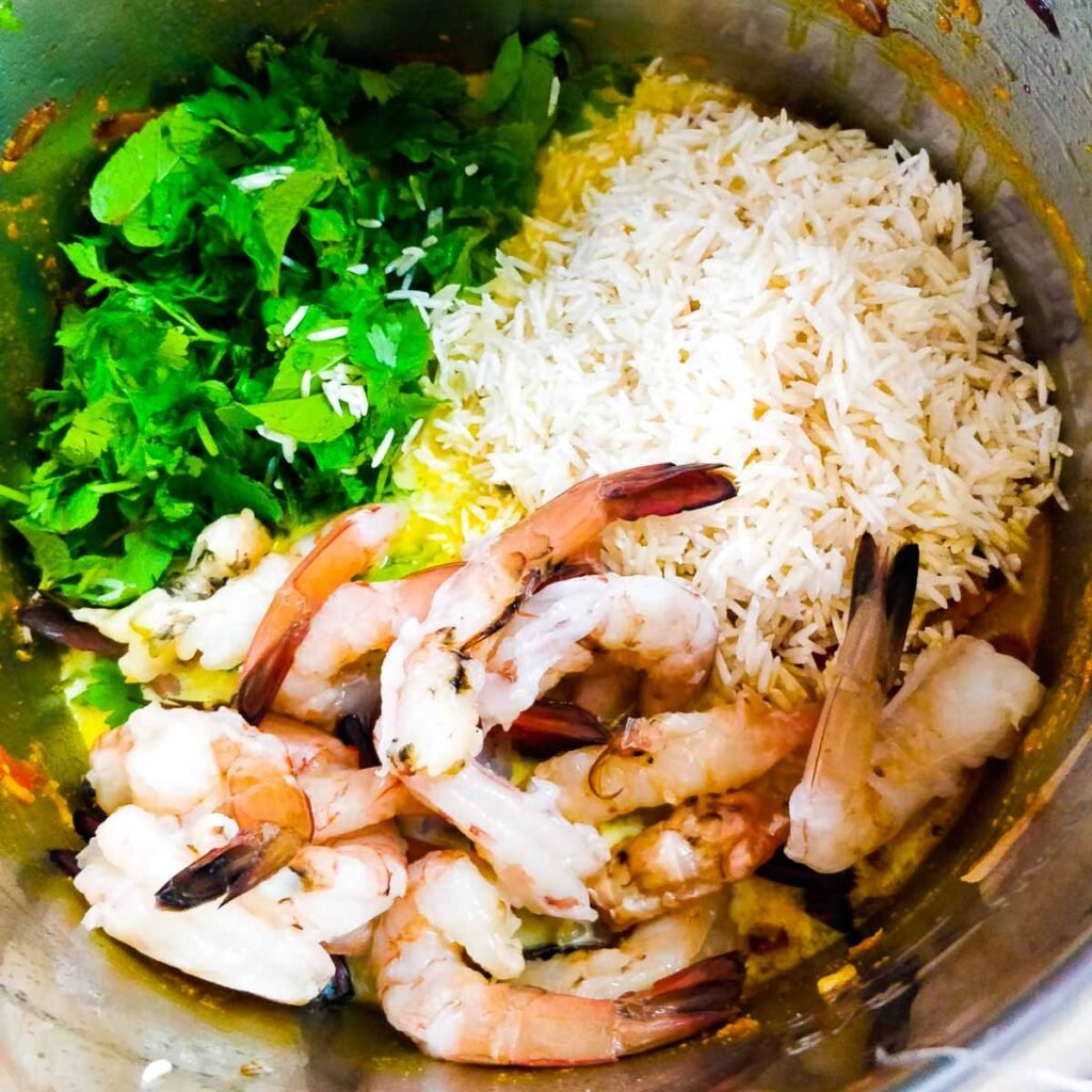 shrimp, rice, cilantro in the instant pot