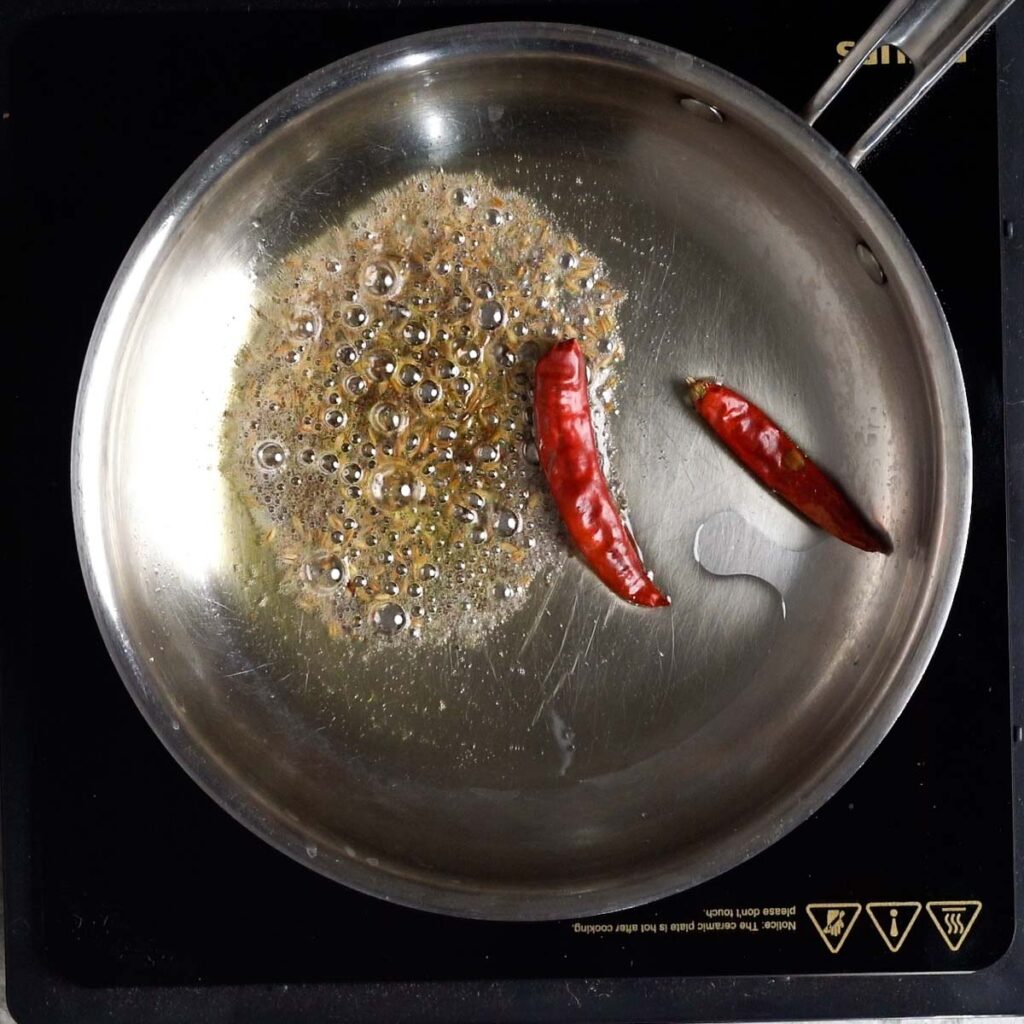 Tempering Cumin, red chilies and mustard seeds in a steel pan with hot oil