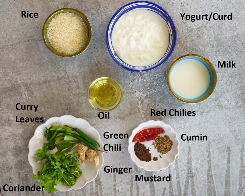 Ingredients needed to make Curd Rice
Softly Cooked Rice
Curd
Milk
Salt
Coriander
Oil
Mustard Seeds
Cumin Seeds
Dried Red Chilies
Green Chilies
Ginger