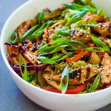 Asian Grilled Chicken Salad in Peanut butter & Chilli Dressing - Low calorie, dairy free,Gluten Free Salad recipe with an asian inspired dressing. #salad #asiansalad #chicken #chickensalad #peanutbuttterdressing #peanutbutter #chickentenders