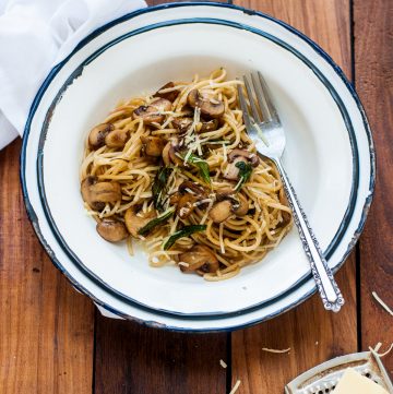 Pasta in Mushroom Butter Garlic Sauce - Easy Weeknight Pasta dinner made with Butter, Olive Oil, garlic, herbs , pasta and parmesan Cheese.