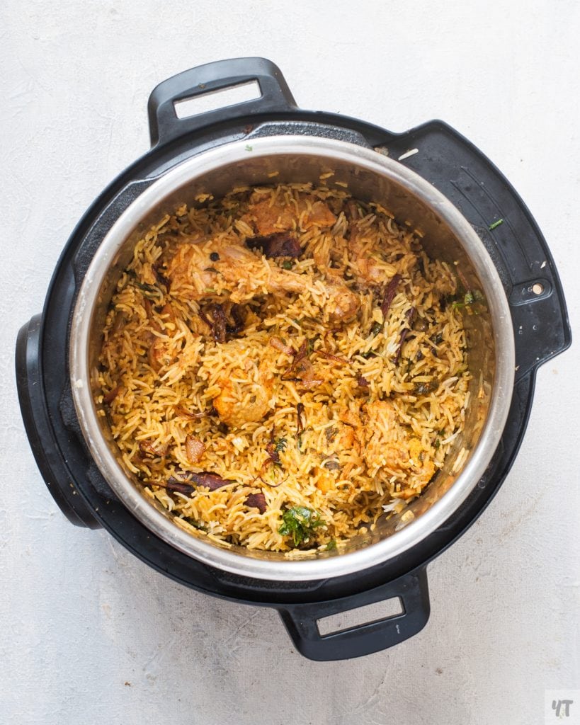 Over head shot of Chicken Biryani in Instant Pot 