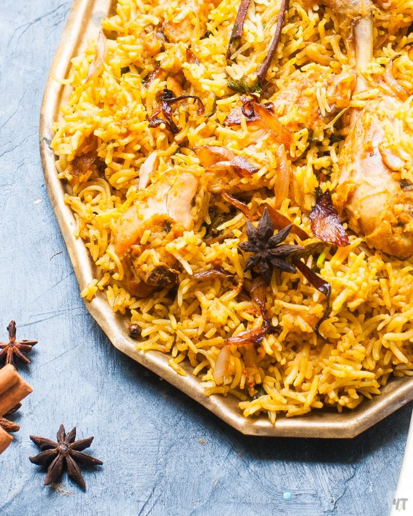 Instant Pot Chicken Biryani in a tray