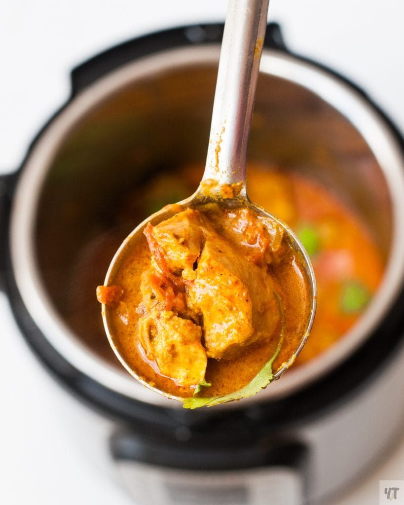 Instant Pot Indian Chicken Curry in a large ladle