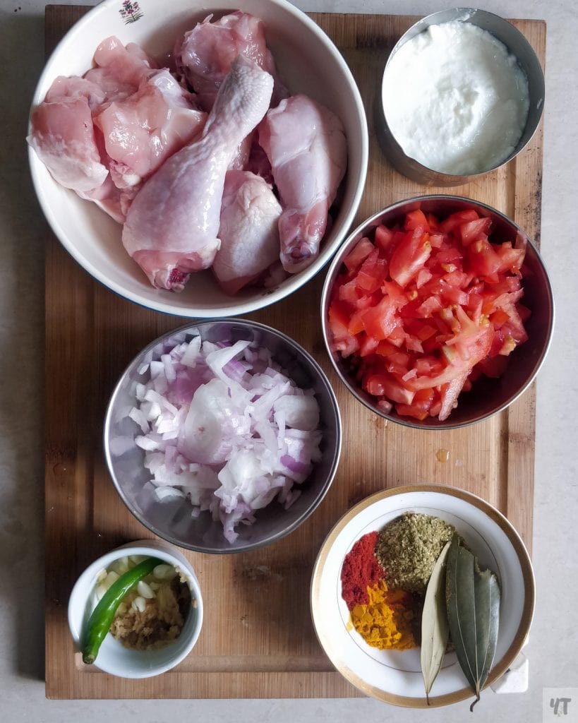 Ingreidents for Instant Pot Indian Chicken Curry-Chicken, yogurt, tomatoes, spices, onions and chilli
