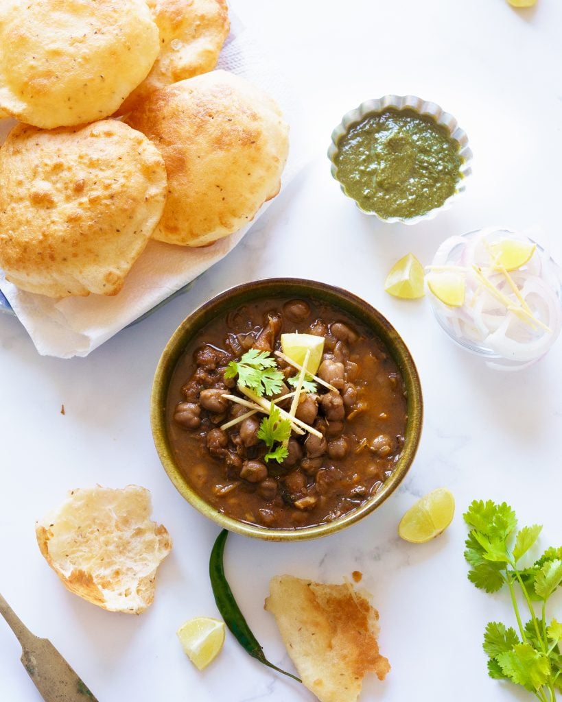 Channa served along with freshly made bhatura