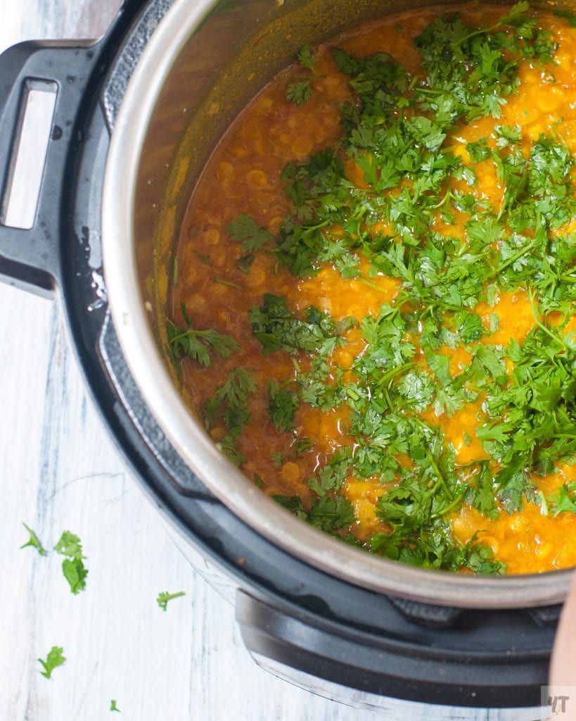 Channa Dal in the instant pot with coriander leaves as garnish
