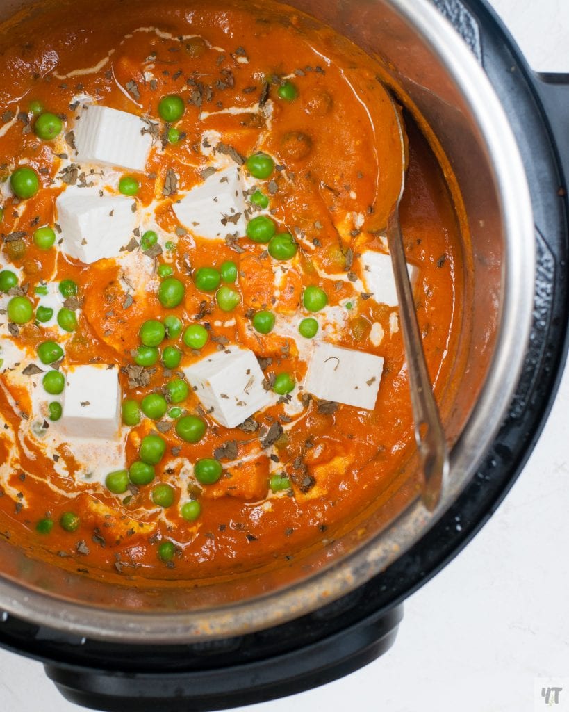 Close up of Instant Pot Matar Paneer in insta pot