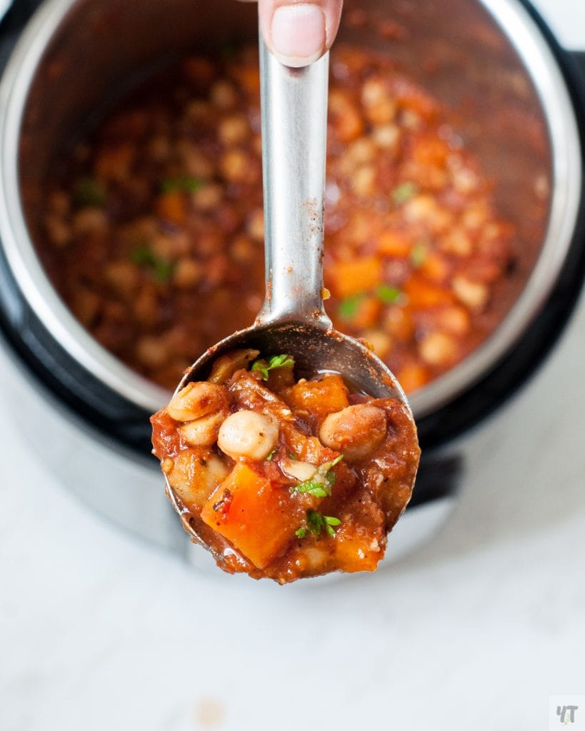 Instant Pot Moroccan Chickpea Stew in a ladle