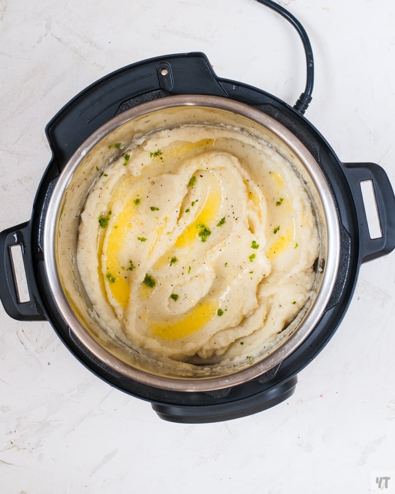 Top view of Instant Pot Garlic Mashed Potatoes No drain method