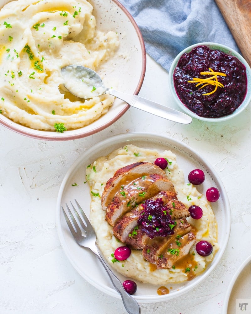 Instant Pot Boneless Turkey Breast with Gravy ,cranberry sauce and mashed potatoes
