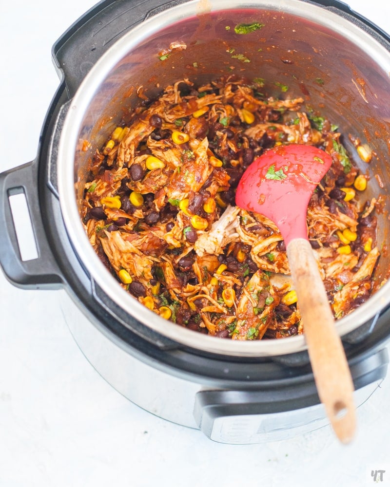 Instant Pot Salsa Chicken inside the instant pot with a red ladle.