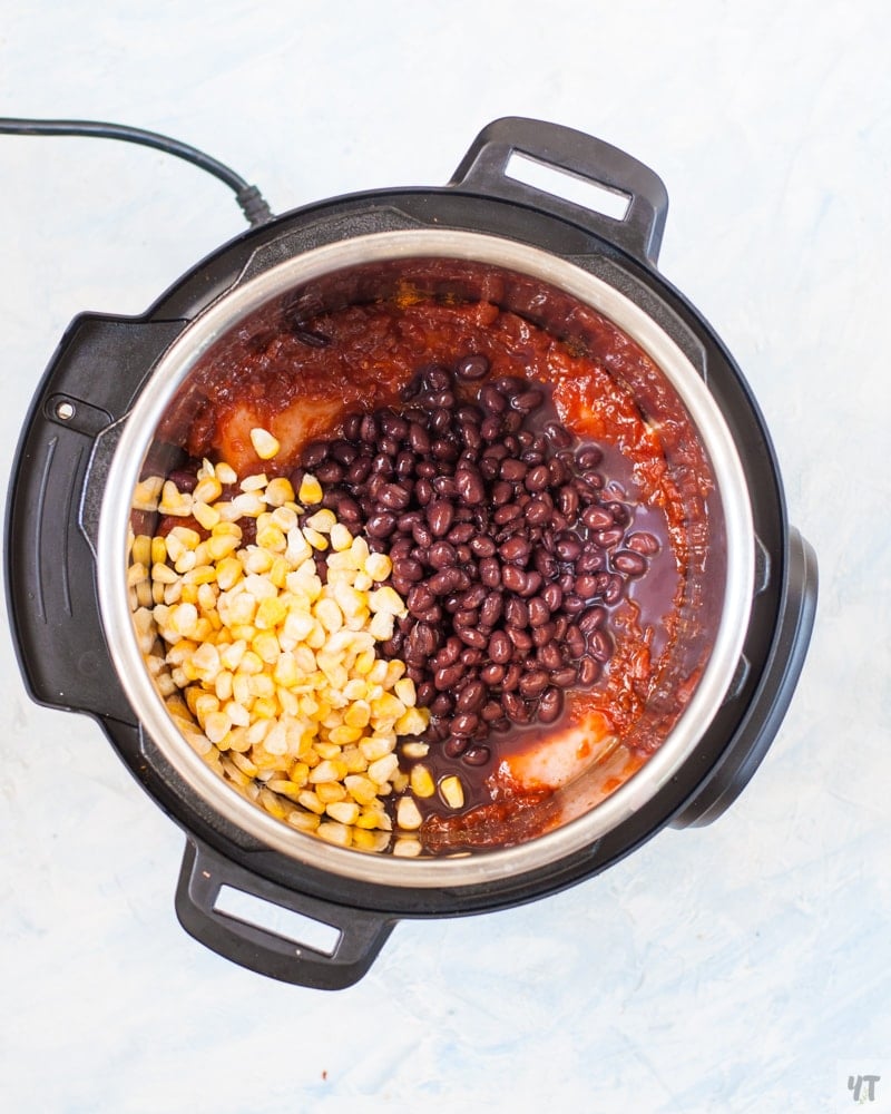 Chicken,Salsa, Beans and Corn in the instant pot.