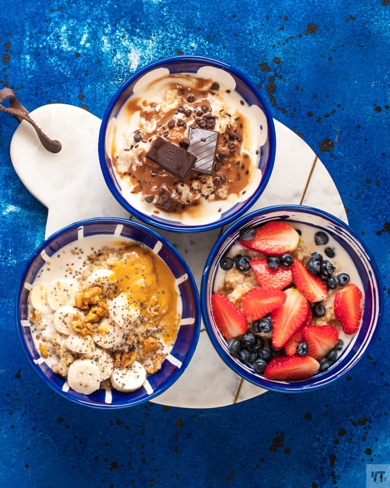 Instant Pot Steel Cut Oats - three ways in blue bowls