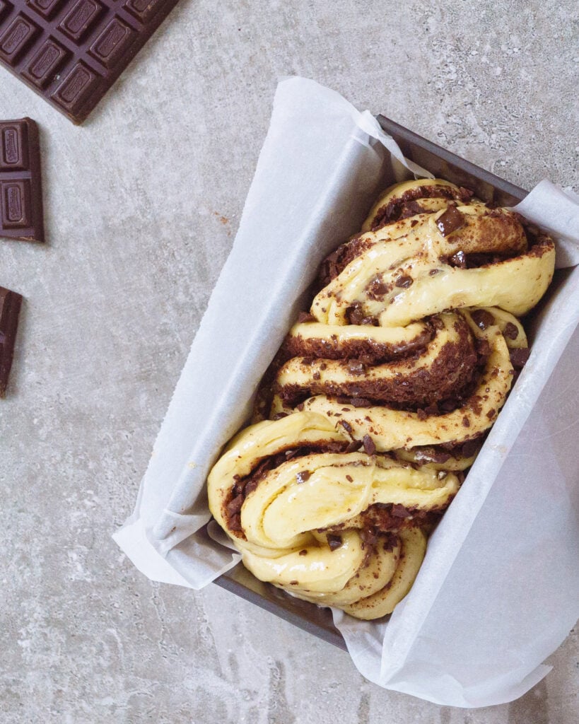 Prepped chocolate babka, ready to be put in the oven for baking