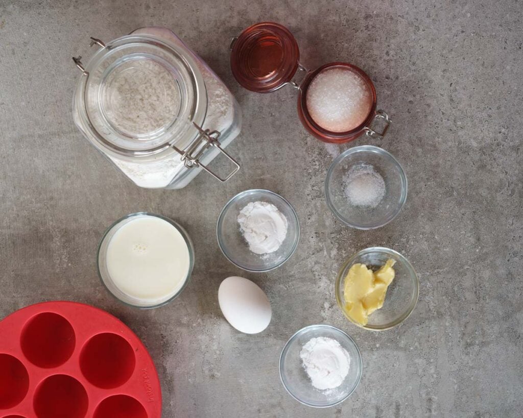 Ingredients for Pancake Bites-  Egg, Butter, Baking Soda, Baking Powder, Flour, Sugar, milk