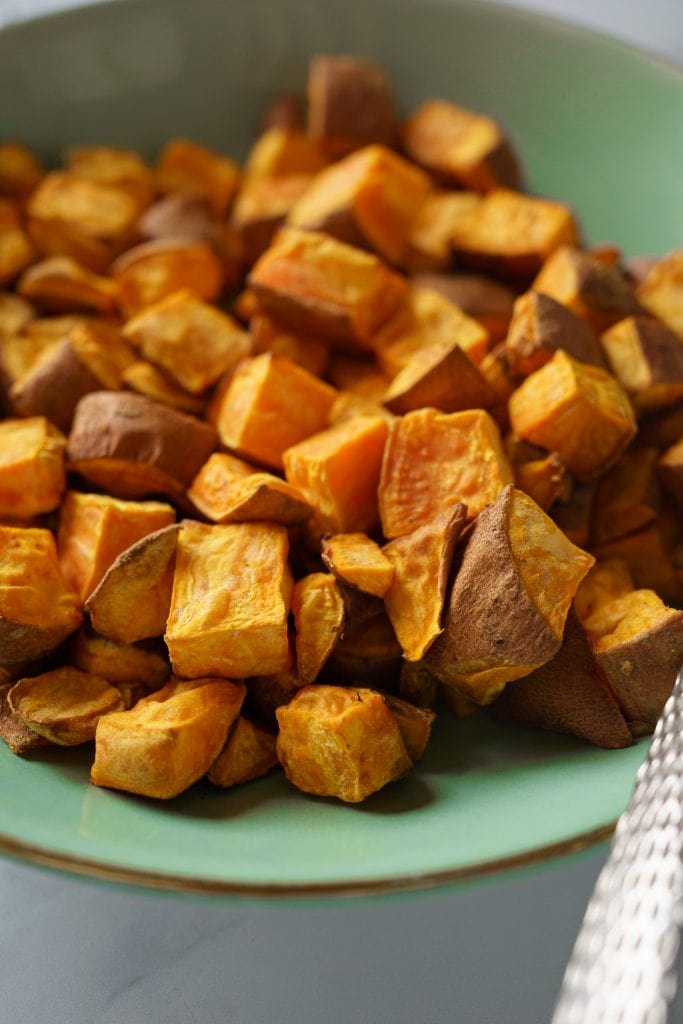 Close shot of Air Fryer Sweet Potato Cubes