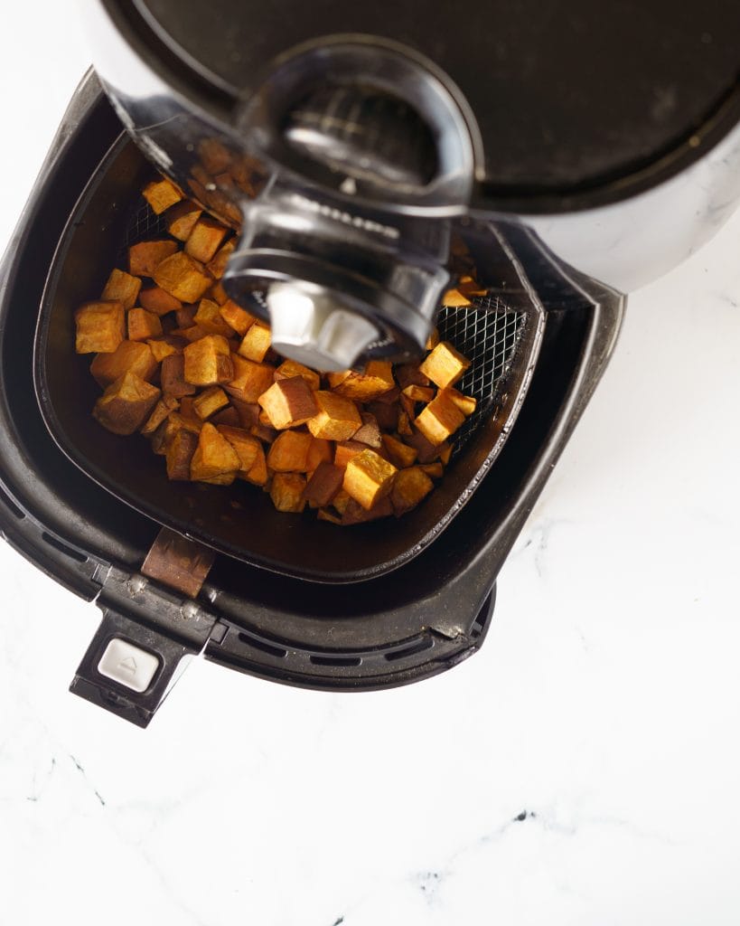 Cooked Sweet Potato cubes in an Air fryer