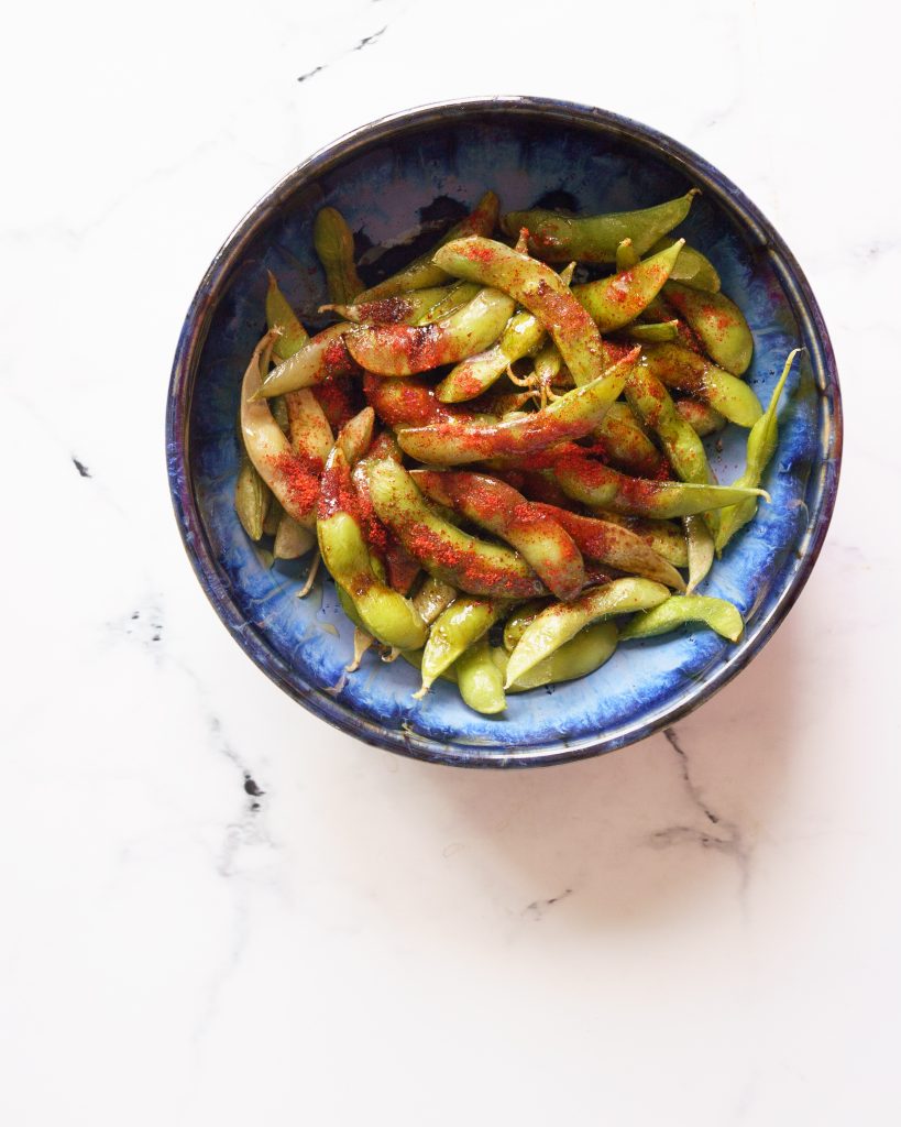 Edamame mixed with honey,chilli,soy and oil