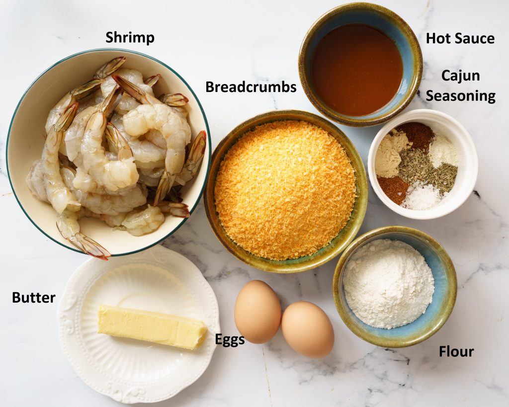 Ingredients for breaded buffalo shrimp
Shrimp
Bread crumbs
Seasoning
flour
Eggs
butter
hot sauce
